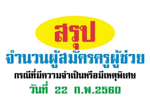 สรุปจำนวนผู้สมัคร ครูผู้ช่วย กรณีที่มีความจำเป็นหรือมีเหตุพิเศษ วันที่ 22 ก.พ.2560