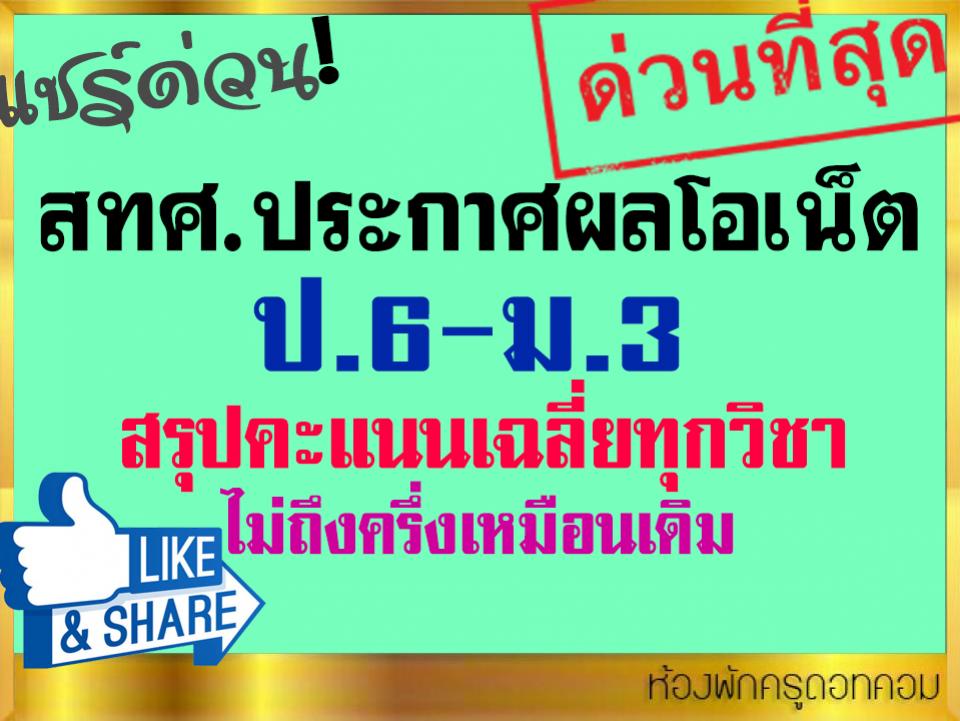 สทศ.ประกาศผลโอเน็ต ป.6-ม.3 แล้ว สรุปคะแนนเฉลี่ยทุกวิชา