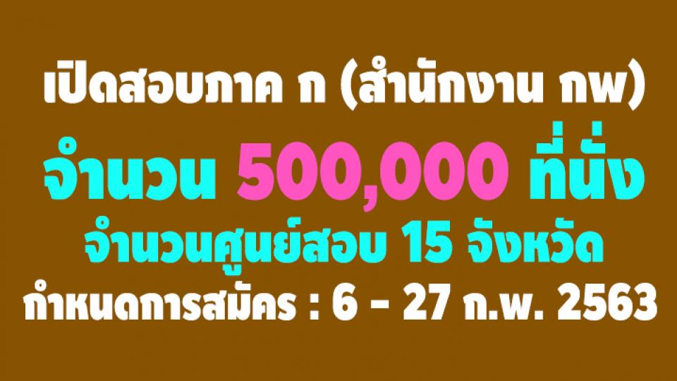  เปิดสอบภาค ก (สำนักงาน กพ) จำนวนที่นั่งสอบ 500,000 จำนวนศูนย์สอบ 15 จังหวัด กำหนดการสมัคร : 6 - 27 ก.พ. 2563